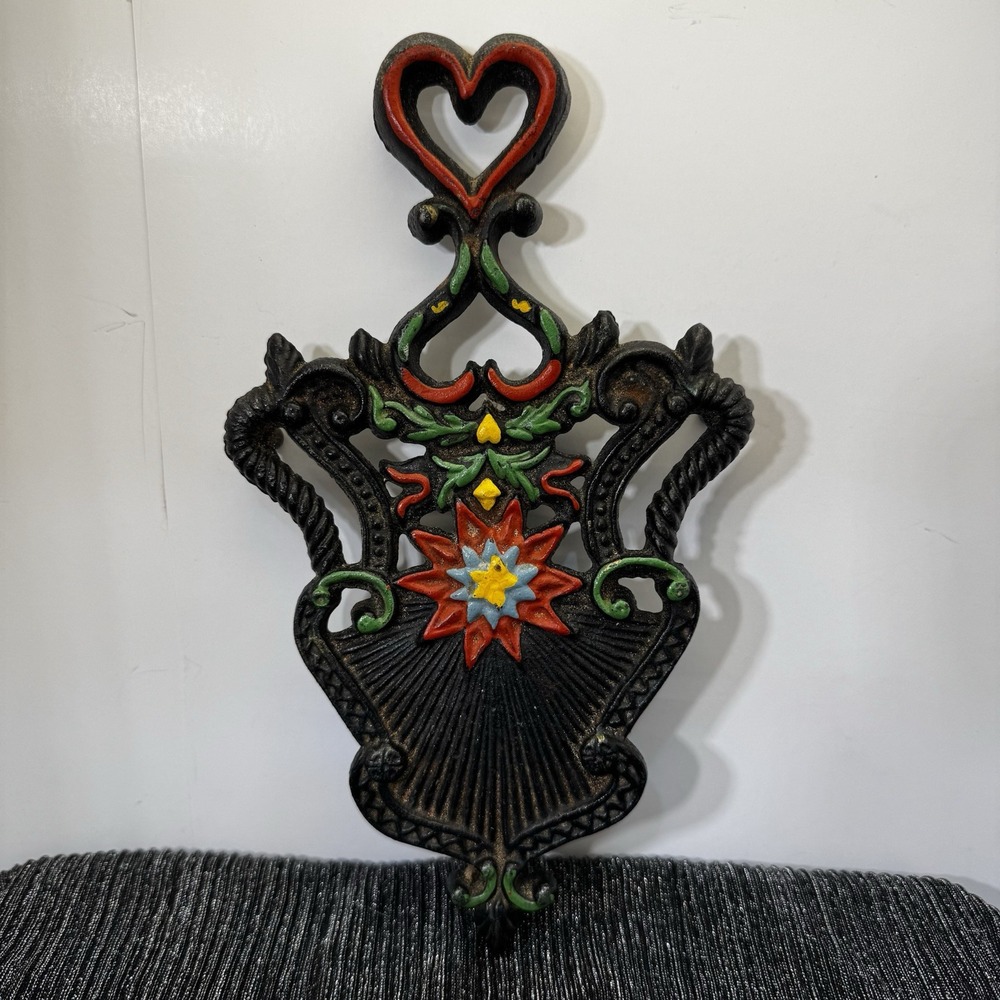 Vtg Painted Heavy Solid Tole Style Original Cast Iron Trivet 9"